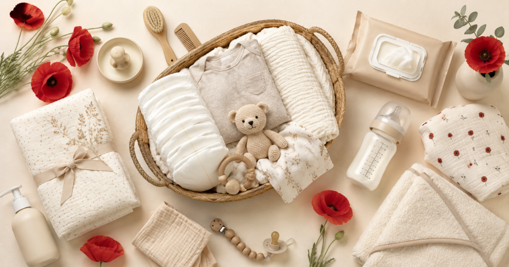 Baby product giveaway flat lay with diapers, blanket, and poppy flowers, Poppy Perks discovery site