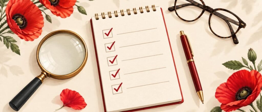 Checklist notepad, magnifying glass, pen and glasses with red poppies on a cream desk