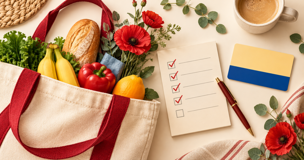 Flat-lay of a shopping tote, checklist and gift card with poppy flowers